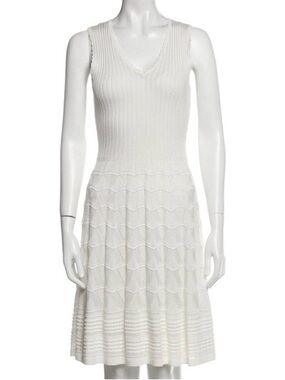 M BY MISSONI White Knit V-Neck Sleeveless Dress Flared Aline Knit ZigZag Sz 42